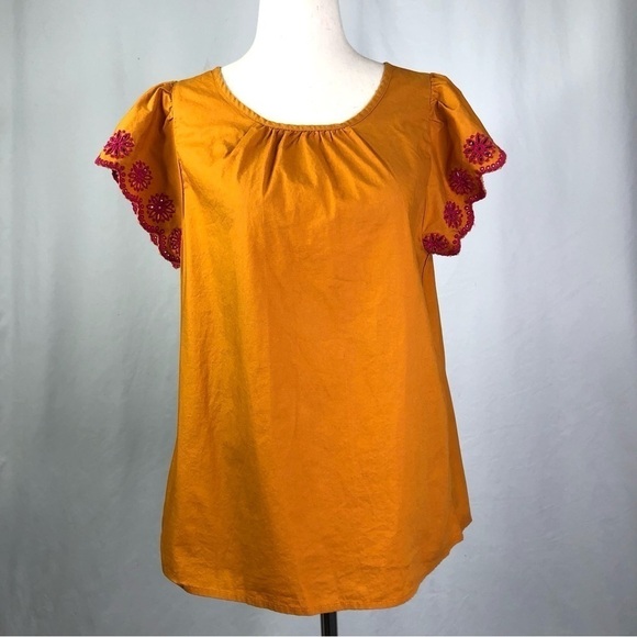 J. Crew Factory turmeric orange cotton blouse flutter sleeves eyelet lace S - Picture 1 of 10